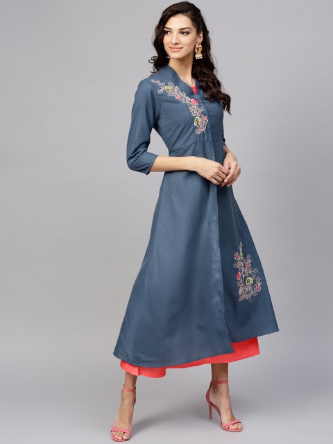 

Yufta Women Navy Blue & Coral Pink Solid A-Line Dress with Ethnic Jacket