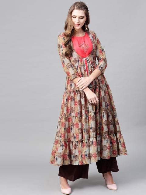 

Yufta Women Coral Orange & Beige Printed Tiered Layered A-Line Kurta