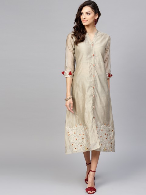

Yufta Women Grey Solid Midi A-Line Dress with Embroidered Detail