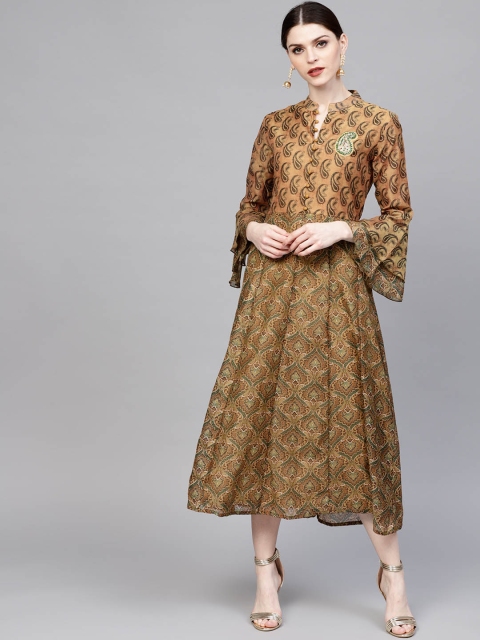 

Yufta Women Mustard Brown Printed Midi A-Line Dress