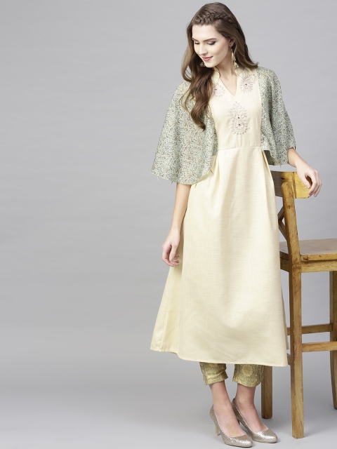 

Yufta Women Beige & Green Yoke Design A-Line Kurta