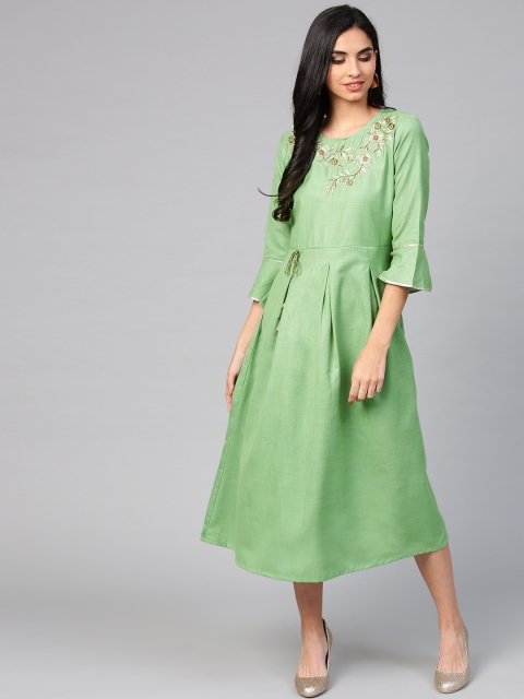 

Yufta Women Green Solid Midi A-Line Dress