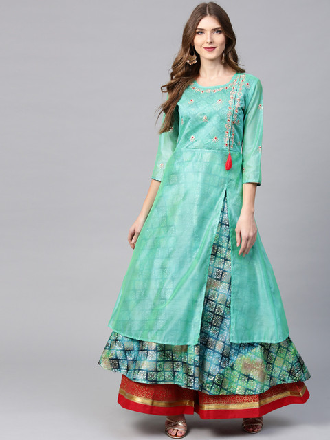 

Yufta Women Green & Golden Printed Layered A-Line Kurta