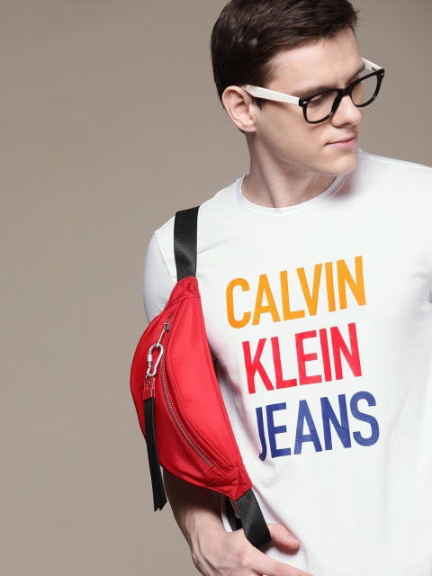 

Calvin Klein Jeans Men White Slim Fit Printed Round Neck T-shirt