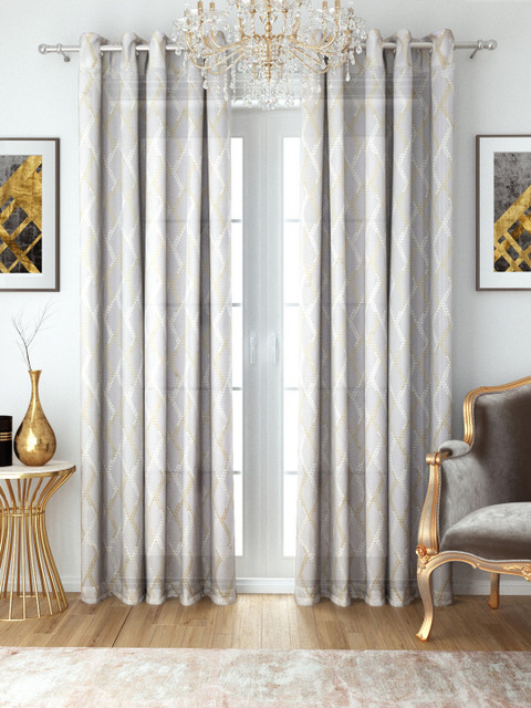 

Aura Set of 2 Off-White & Beige Embroidered Sheer Long Door Curtains