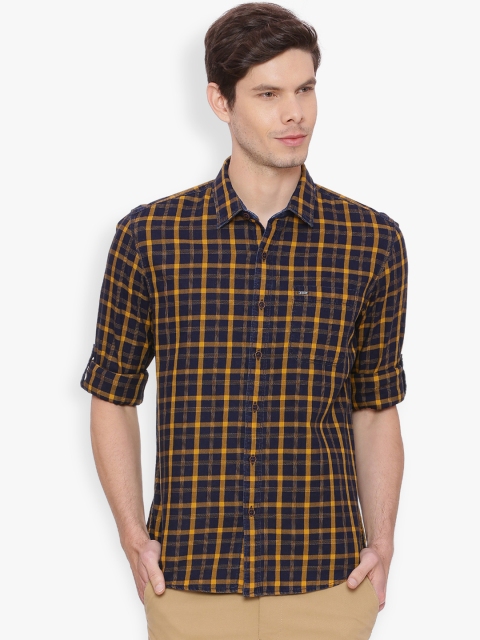 

Basics Men Navy Blue & Yellow Slim Fit Checked Casual Shirt