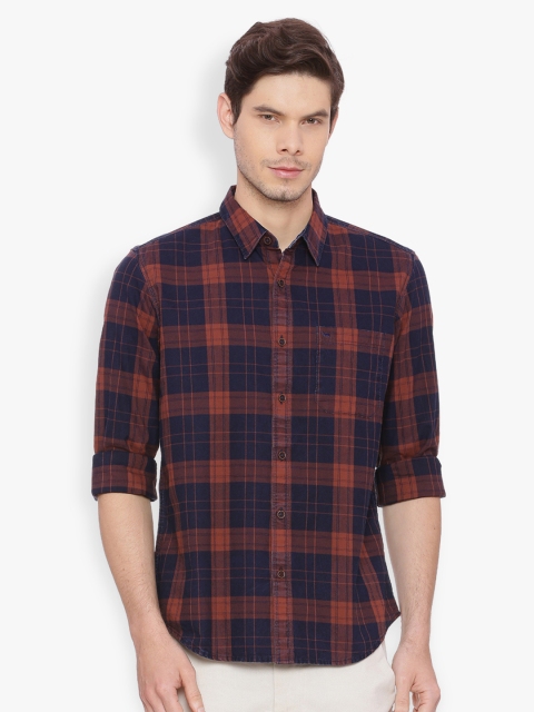 

Basics Men Navy Blue & Rust Slim Fit Checked Casual Shirt