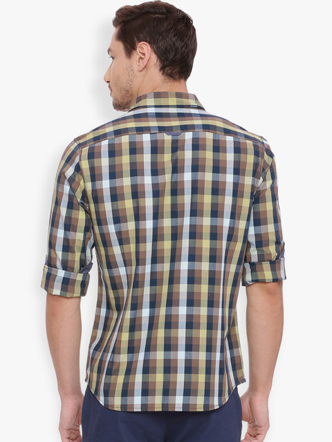 

Basics Men Yellow & Teal Slim Fit Checked Casual Shirt