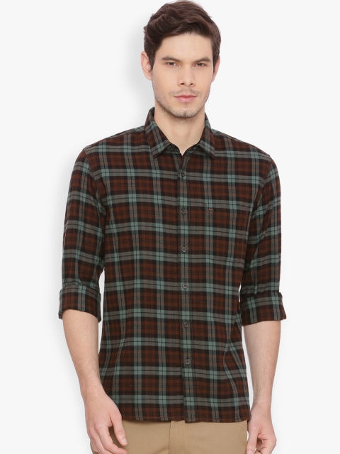 

Basics Men Brown & Green Slim Fit Checked Casual Shirt