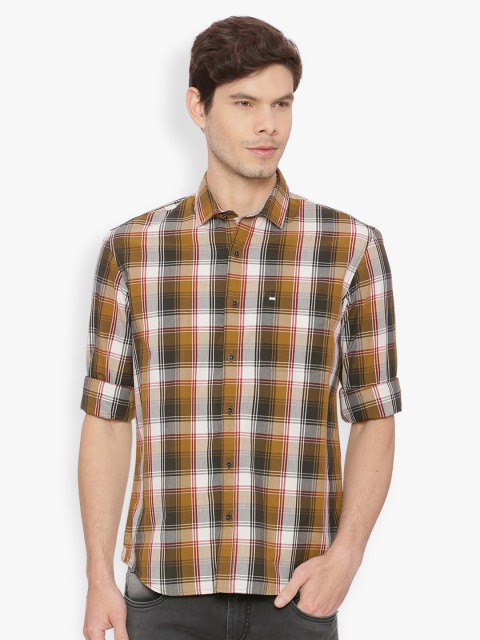 

Basics Men Olive Green & Yellow Slim Fit Checked Casual Shirt