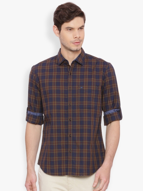 

Basics Men Navy Blue & Brown Slim Fit Checked Casual Shirt