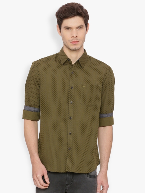 

Basics Men Olive Green Classic Slim Fit Printed Casual Shirt
