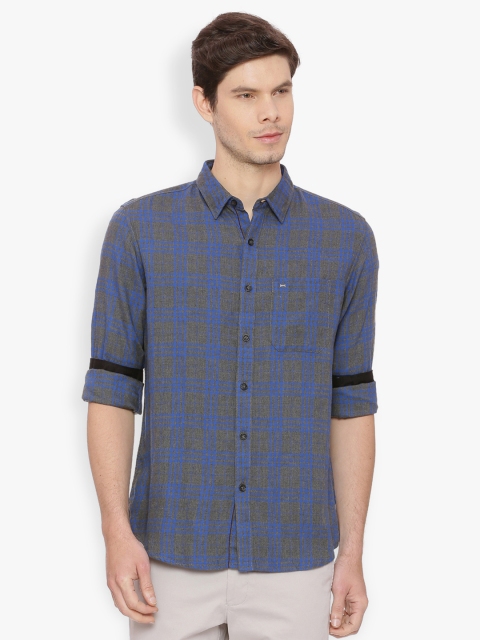 

Basics Men Blue & Grey Slim Fit Checked Casual Shirt