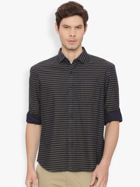 

Basics Men Blue & Green Slim Fit Striped Casual Shirt
