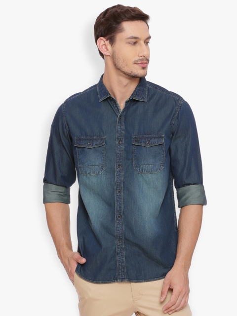 

Basics Men Blue Slim Fit Solid Denim Casual Shirt