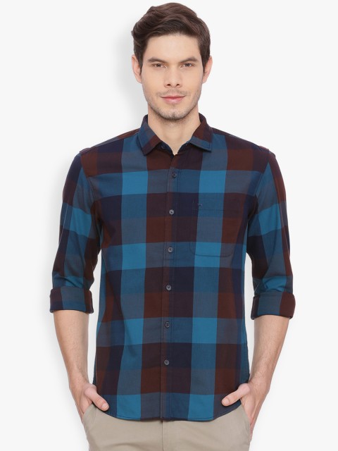 

Basics Men Blue & Brown Slim Fit Checked Casual Shirt