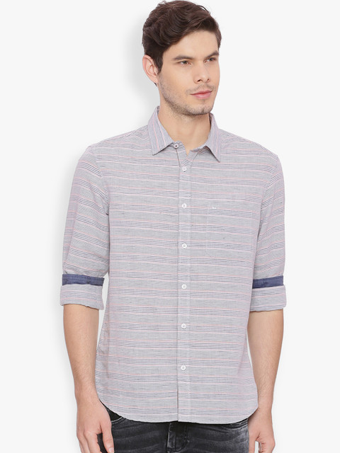 

Basics Men Navy Blue & Grey Slim Fit Striped Casual Shirt