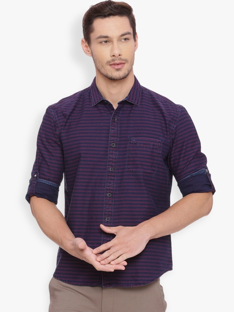 

Basics Men Pink & Navy Blue Slim Fit Striped Roll-Up Sleeves Casual Shirt