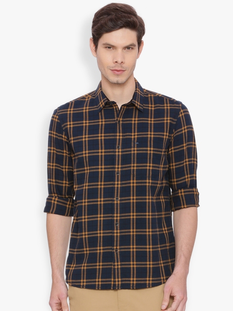 

Basics Men Yellow & Navy Blue Slim Fit Checked Casual Shirt