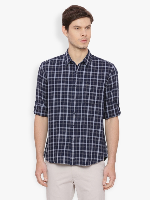 

Basics Men Grey & Blue Slim Fit Checked Roll-Up Sleeves Casual Shirt