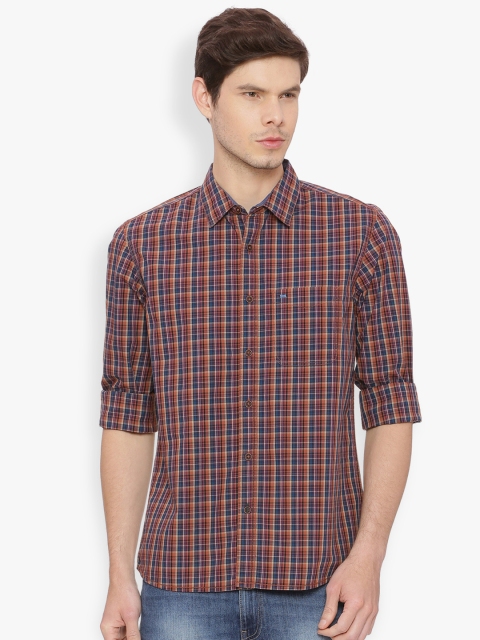 

Basics Men Rust Orange & Blue Slim Fit Checked Casual Shirt