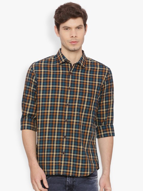 

Basics Men Navy Blue & Yellow Slim Fit Checked Casual Shirt