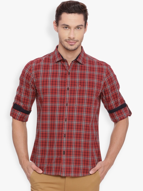 

Basics Men Red Slim Fit Checked Roll-Up Sleeves Casual Shirt