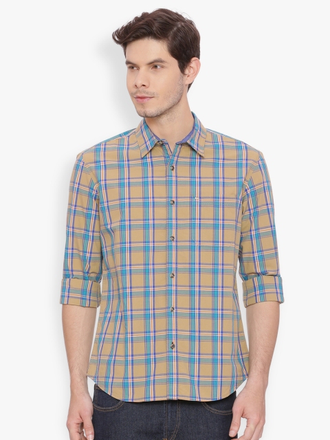 

Basics Men Khaki & Blue Slim Fit Checked Casual Shirt