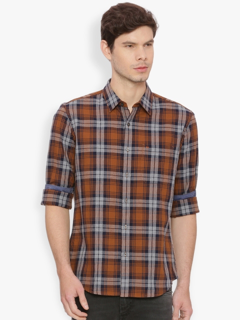 

Basics Men Brown & Blue Slim Fit Checked Casual Shirt