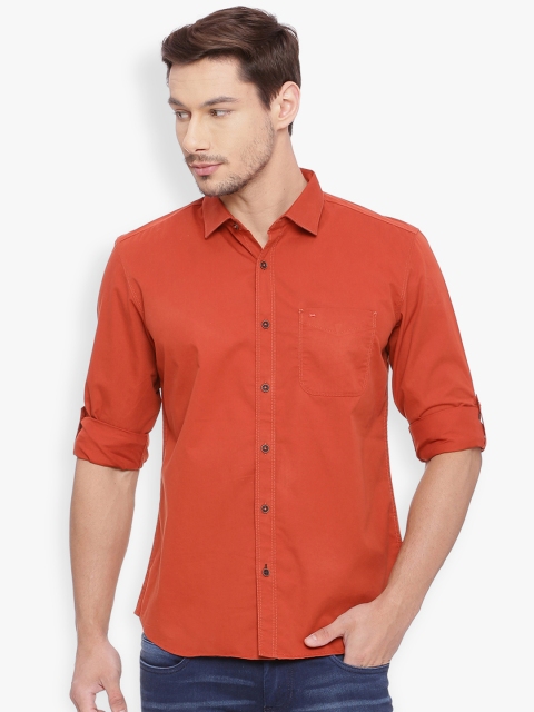 

Basics Men Orange Slim Fit Solid Roll-Up Sleeves Casual Shirt