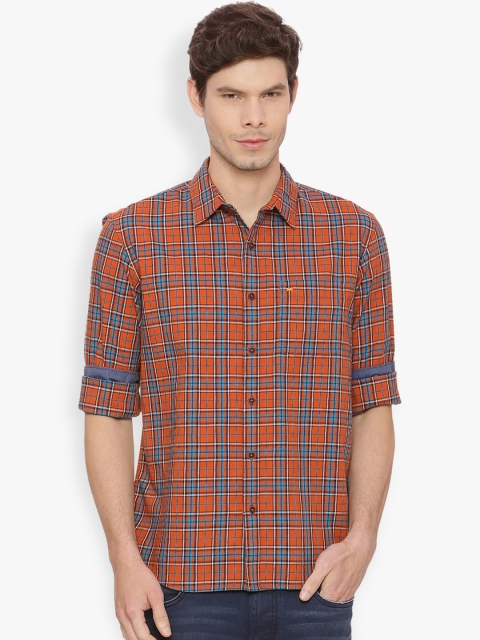 

Basics Men Orange & Blue Slim Fit Checked Casual Shirt