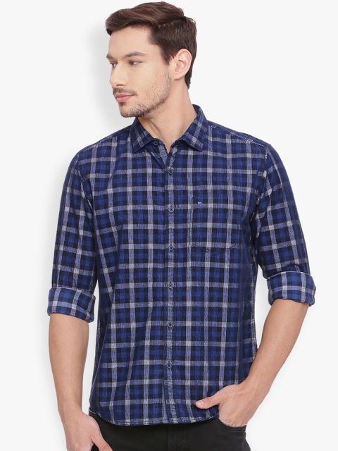 

Basics Men Blue & Grey Slim Fit Checked Casual Shirt