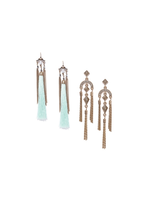 

OOMPH Tasselled Set of 2 Crystal Studded Classic Drop Earrings, Gold