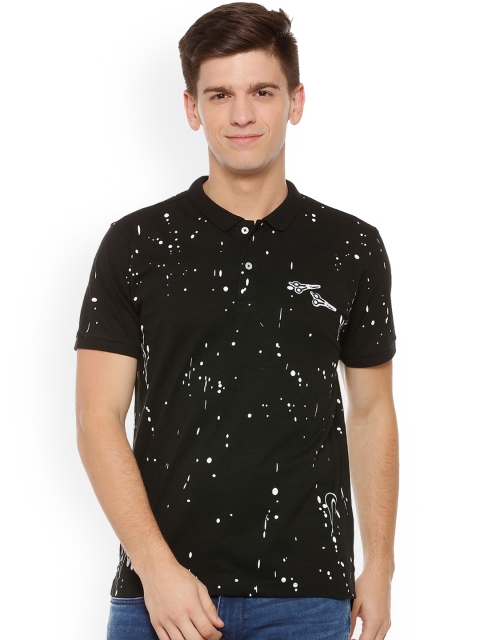 

People Men Black Printed Polo Collar T-shirt