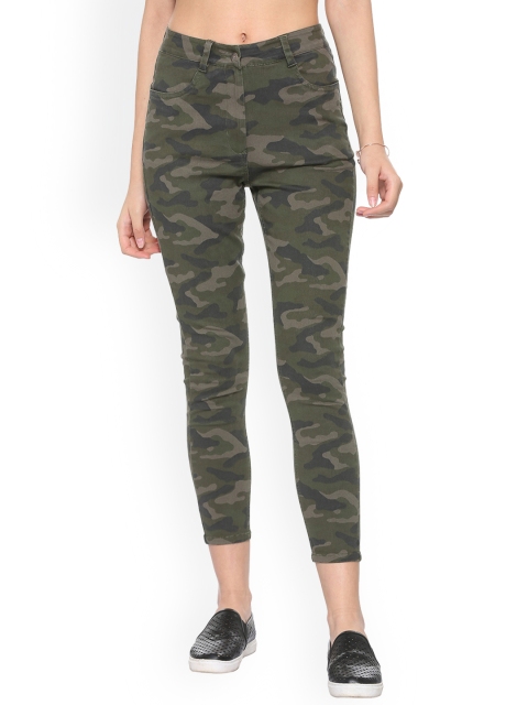 

People Women Olive Green Regular Fit Printed Trousers
