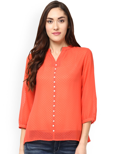 

109F Women Coral Red Self Design Shirt Style Top