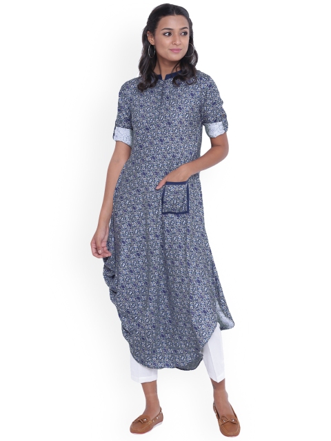 

9rasa Women Navy Blue & White Printed Kurta with Trousers