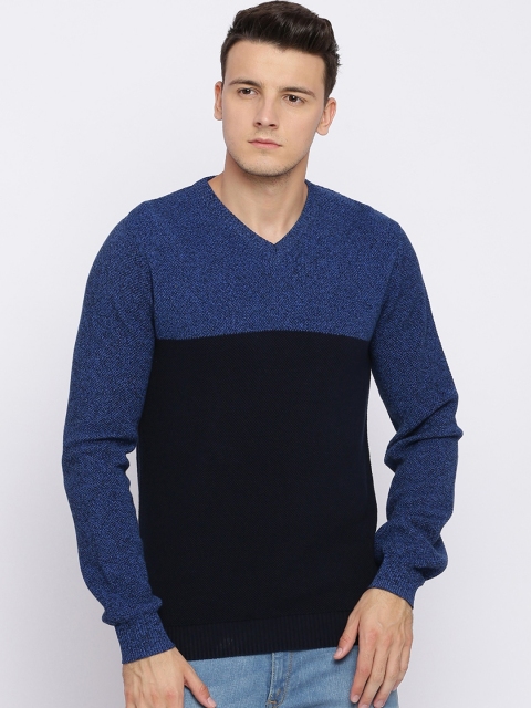 

Basics Men Navy Blue & Black Colourblocked Pullover