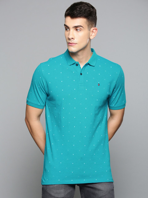 

Louis Philippe Jeans Men Turquoise Blue Printed Polo Collar T-shirt