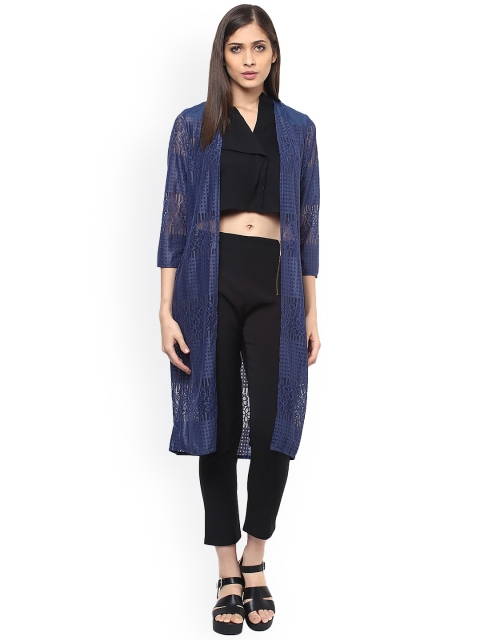 

109F Navy Blue Self Design Open Front Shrug