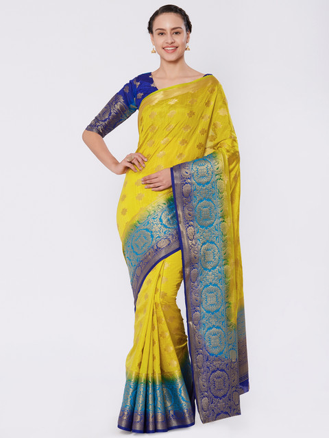 

Viva N Diva Yellow Silk Blend Woven Design Kanjeevaram Saree