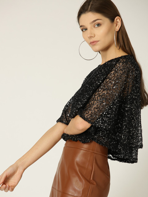 

MANGO Women Black Sequinned Cape Top