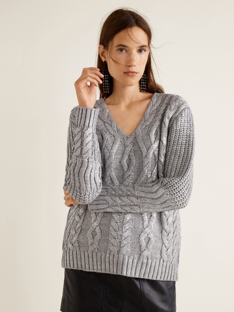 

MANGO Women Grey Cable Knit Shimmery Sweater
