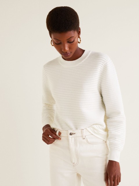 

MANGO Women White Ribbed Pullover