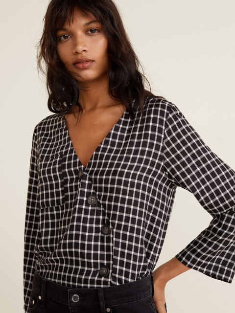 

MANGO Women Black & White Checked Wrap Top