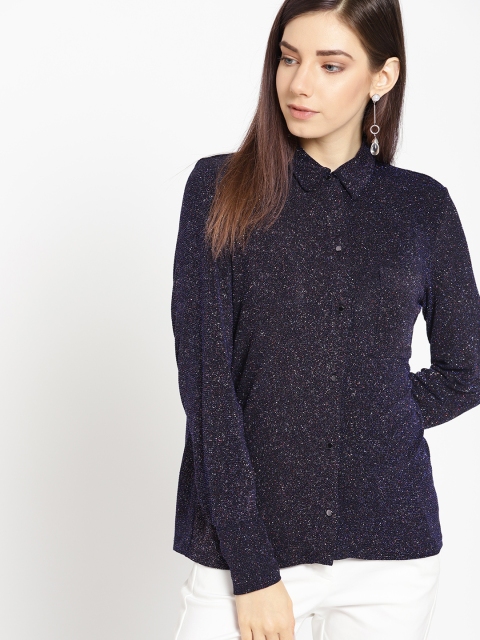 

MANGO Women Navy Blue Regular Fit Shimmery Partywear Shirt