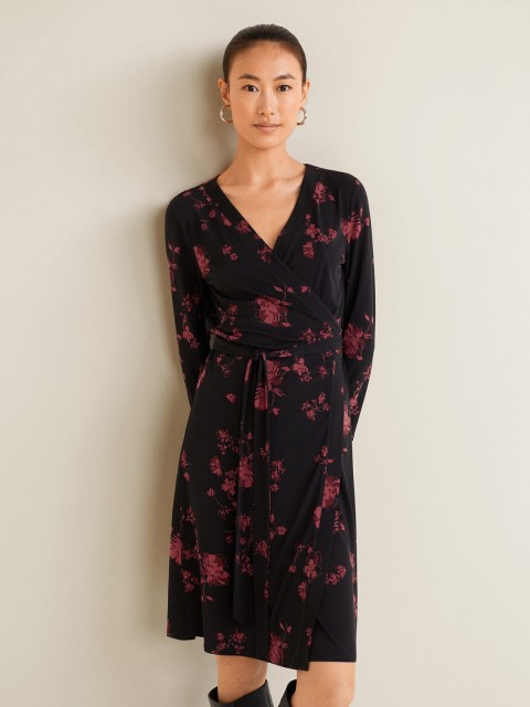 

MANGO Women Black Printed Wrap Dress