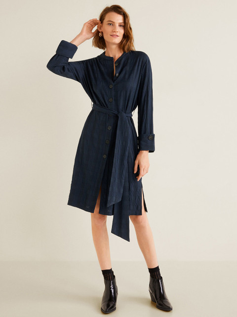 

MANGO Women Navy Blue Self-Checked A-Line Dress