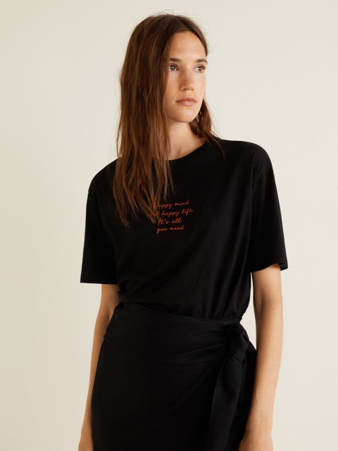 

MANGO Women Black Solid Round Neck T-shirt