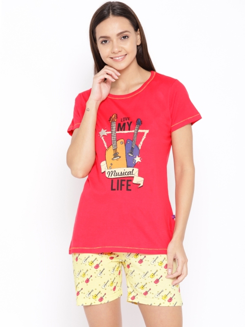 

July Nightwear Women Coral Red & Yellow Printed Night Suit JD038